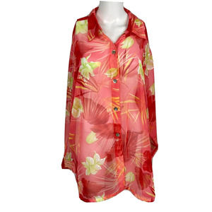 Drapers & Damons Shirt Womens Sz 2XL Button Up‎ Blouse Coral Floral Sheer